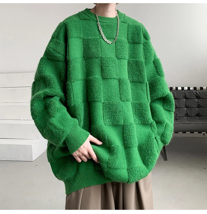 Plus Size 8XL American Street Pullover Sweater Fashion Sense Towel Embroidered Check Sweater for Men Couple Women Sweater 241206