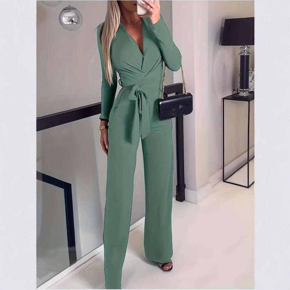 popular elegant solid color V-neck jumpsuit 2024 new casual fashion trend clothing