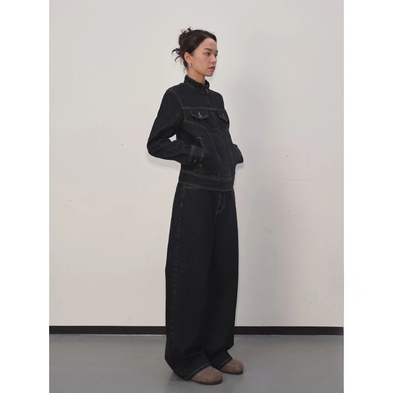 Denim pants set stand up collar solid street jacket wide leg straight gothic jeans retro simple twopiecesingle 241206