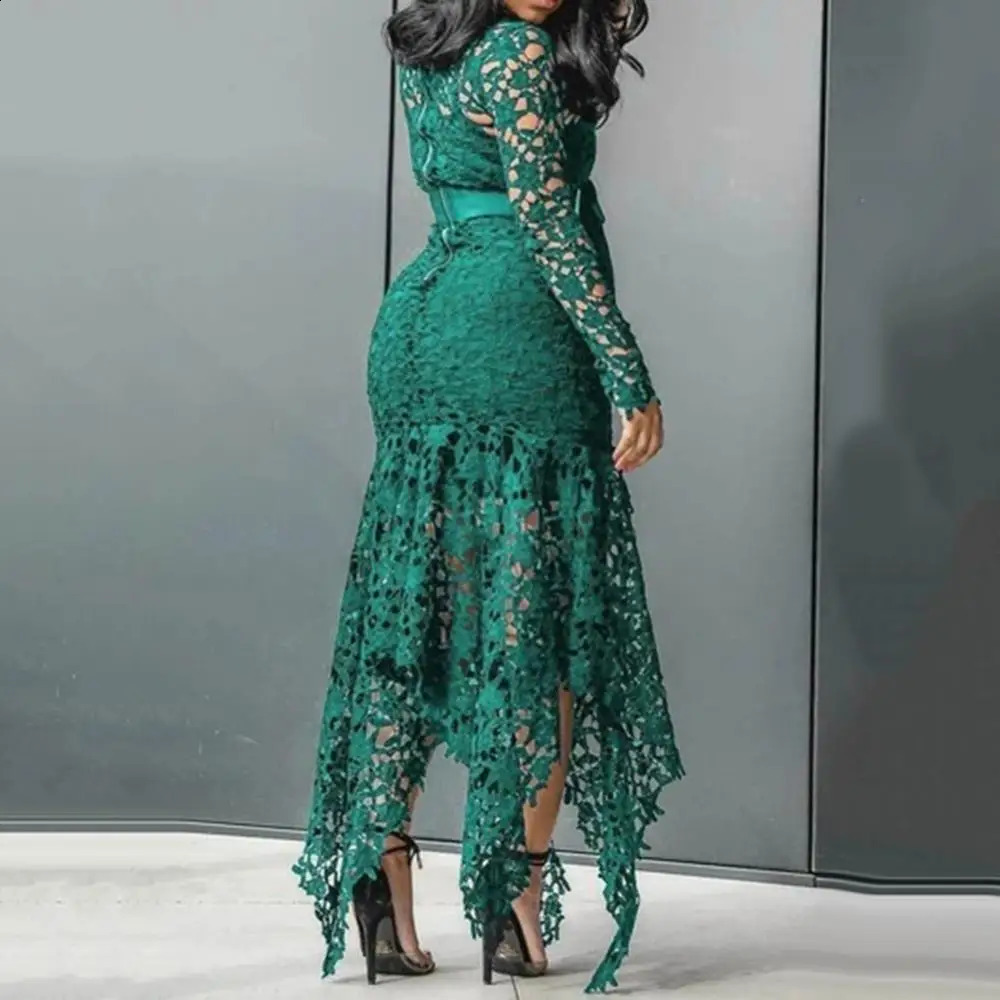 Lace Bow Belted Women Dress Elegant Long Sleeve Irregular Hem Bodycon Party Vintage Wedding Evening 241205