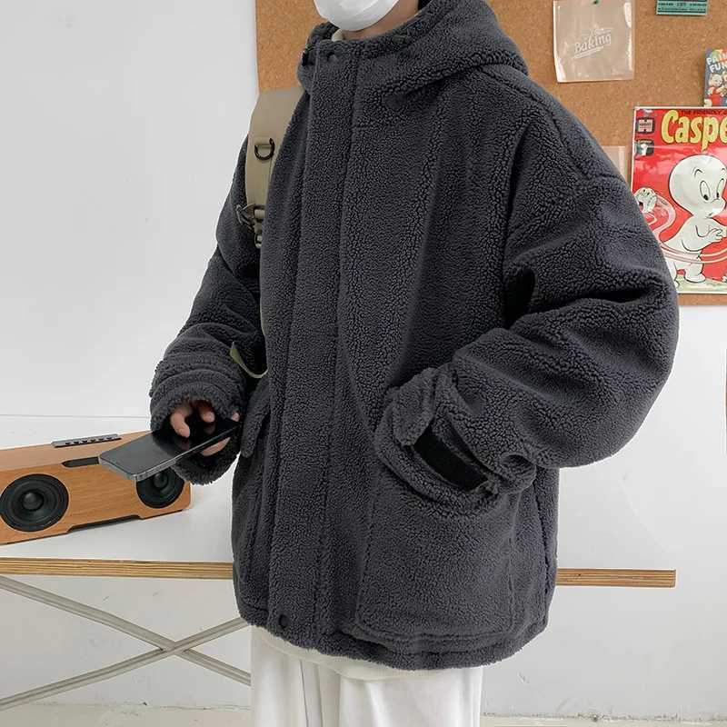 2023 Men Winter Lamb Wool Jacket Men Plus Velvet Streetwear Fashion Loose Handsome Coat Unisex HipHop Hooded Plush Padded JacketXJ241206