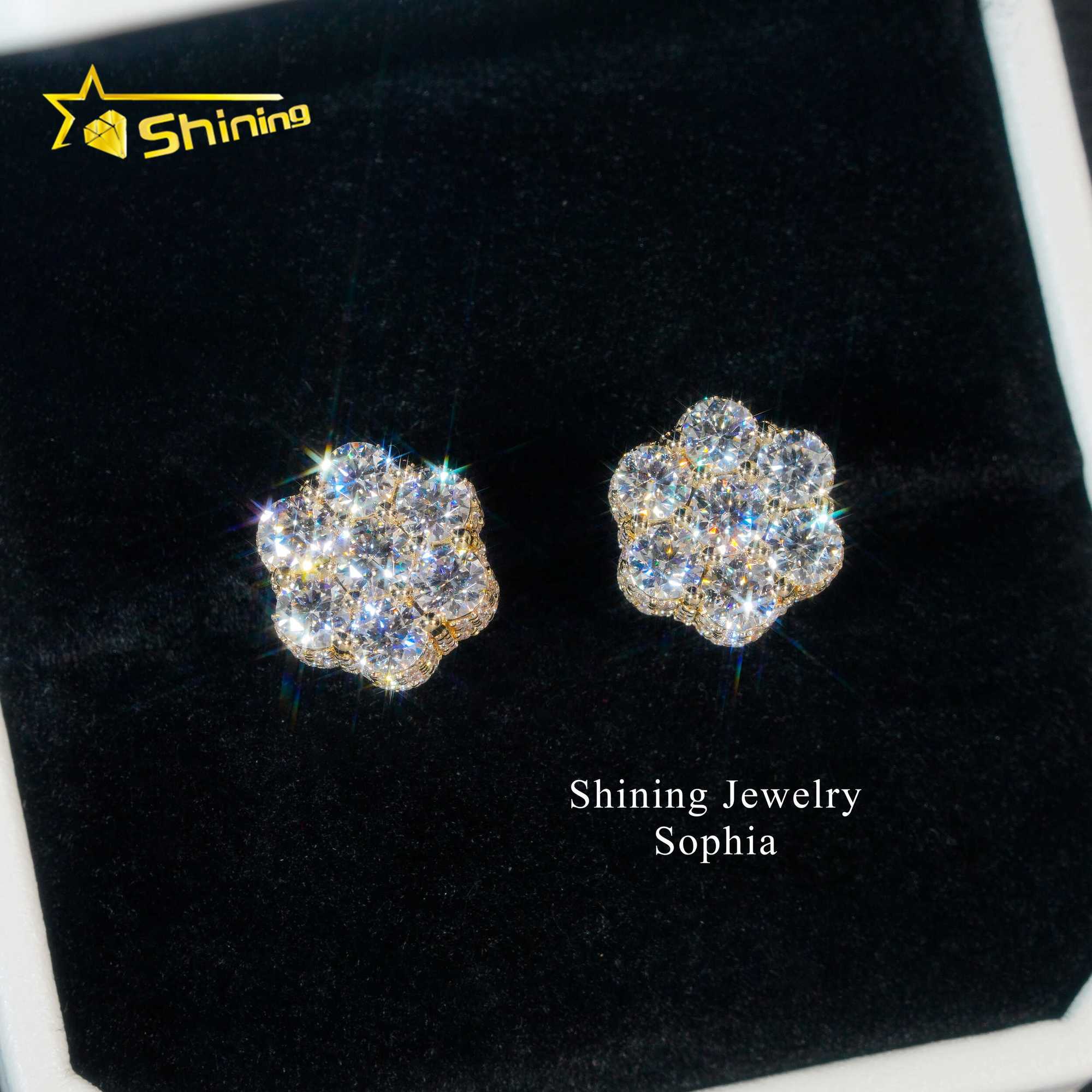 Top sell flower design 10K solid yellow gold iced out luxury vvs moissanite stud earrings hip hop earring