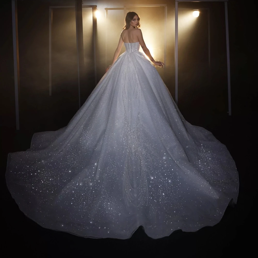 Sexy Strapless Backless Bridal Dress Sparkly Sequins Pearls Wedding Organza Ball Gown Bride Robe Vestido De Novia