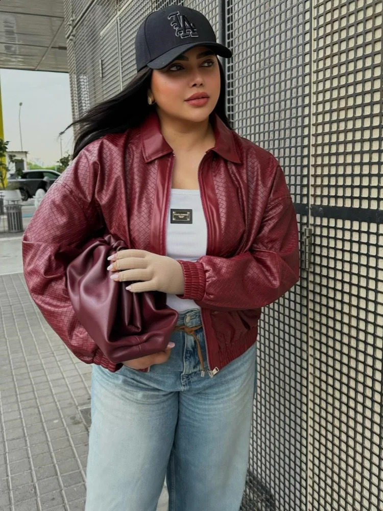 Women Burgundy Red Pu Leather Jacket Fashion Lapel Long Sleeve Zipper Loose Coat Autumn Female Chic High Street Outwear 241205