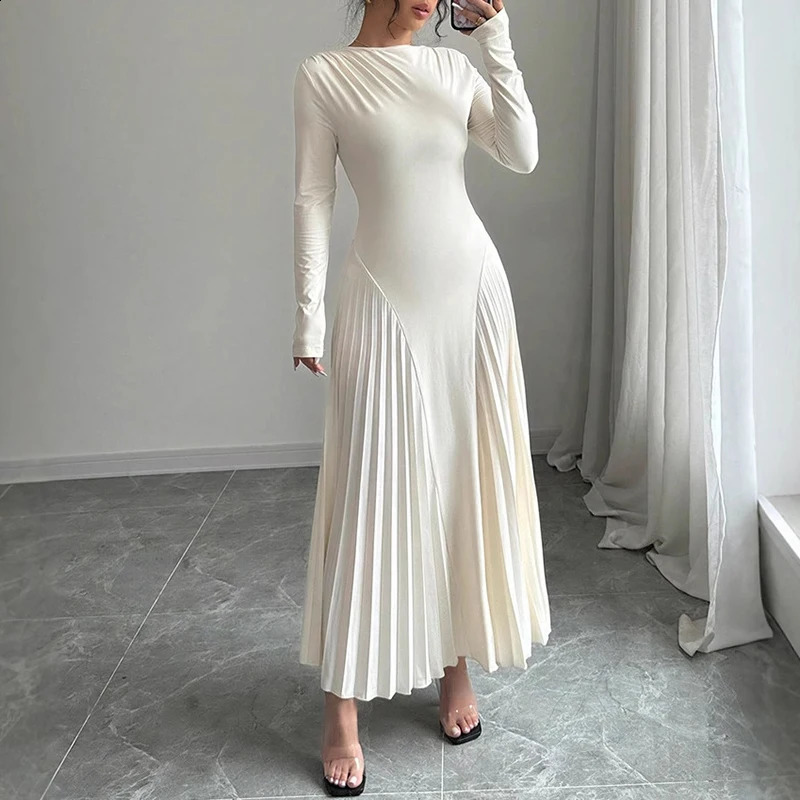 Autumn and Winter Simple Solid Color Knitted Dress Womens O-neck Long Sleeve Folded Office Dress Elegant Ultra Thin Robe Dress Vestido 241205
