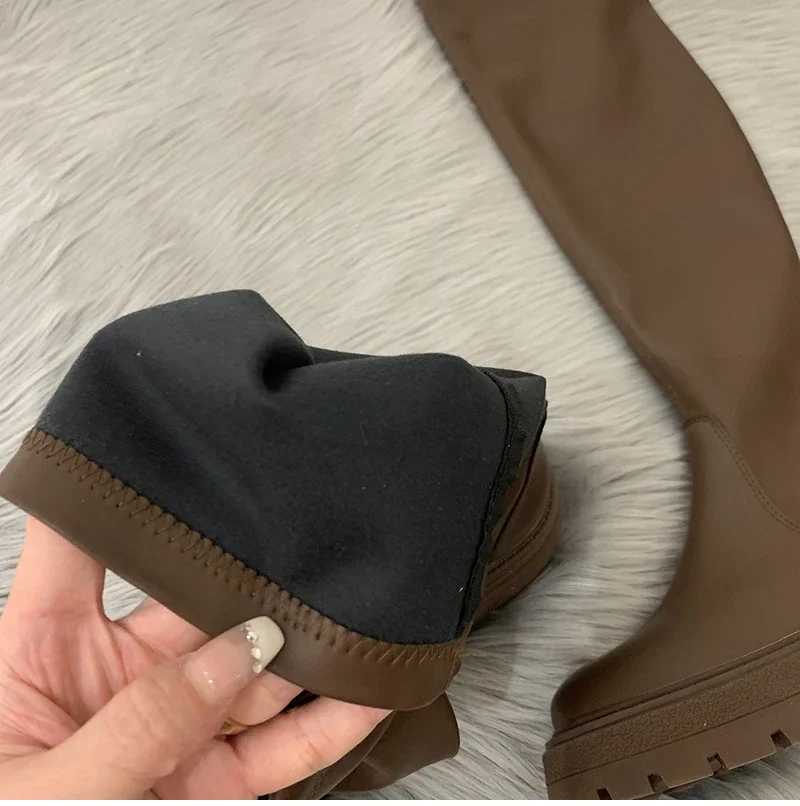 High Quality Wenfei Winter Lg Boots Slip Square Heels Knee High Heels Winter Shoes Elegant Modern Boots T241206