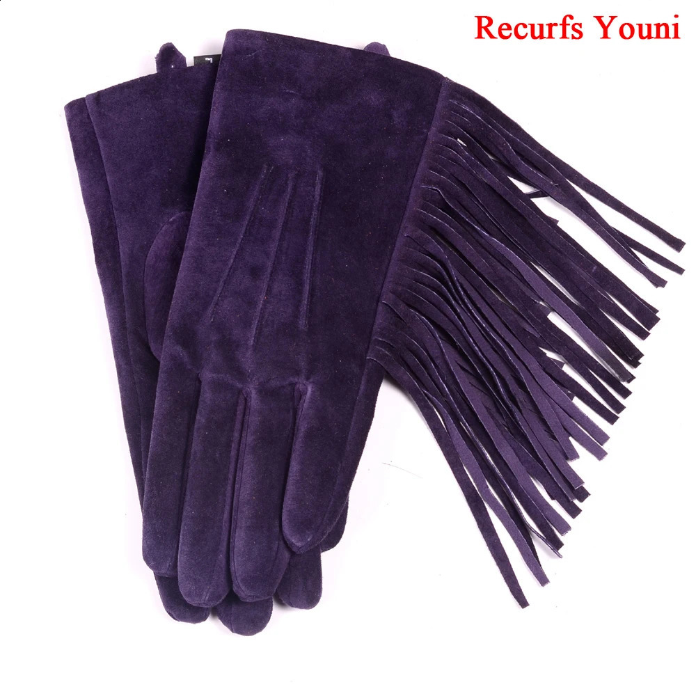 Winter Womens Genuine Leather Pig Skin Suede Tassel Short Gloves Womens Drone Nubak Warm Velvet Punk Show Purple Classic Luvas 241206