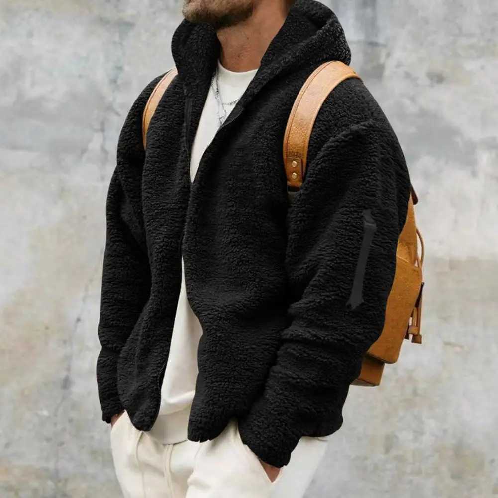 Hoodie with Side Pockets Men Winter Hoodie Cozy Hooded Mens Winter Coat Thick Plush Zipper Closure Soft Pockets Warm ColdXJ241206