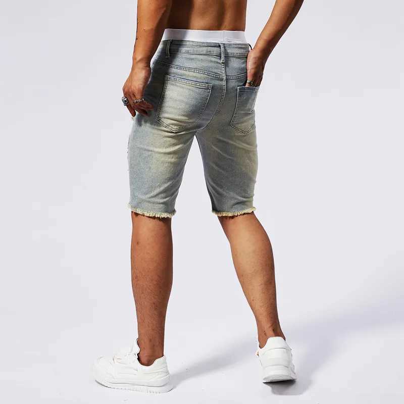 Summer Mens Holes Slim Fit Five Point Denim Shorts Elastic Waist Fashion Baggy Straight Cargo Shorts JeansXJ241206