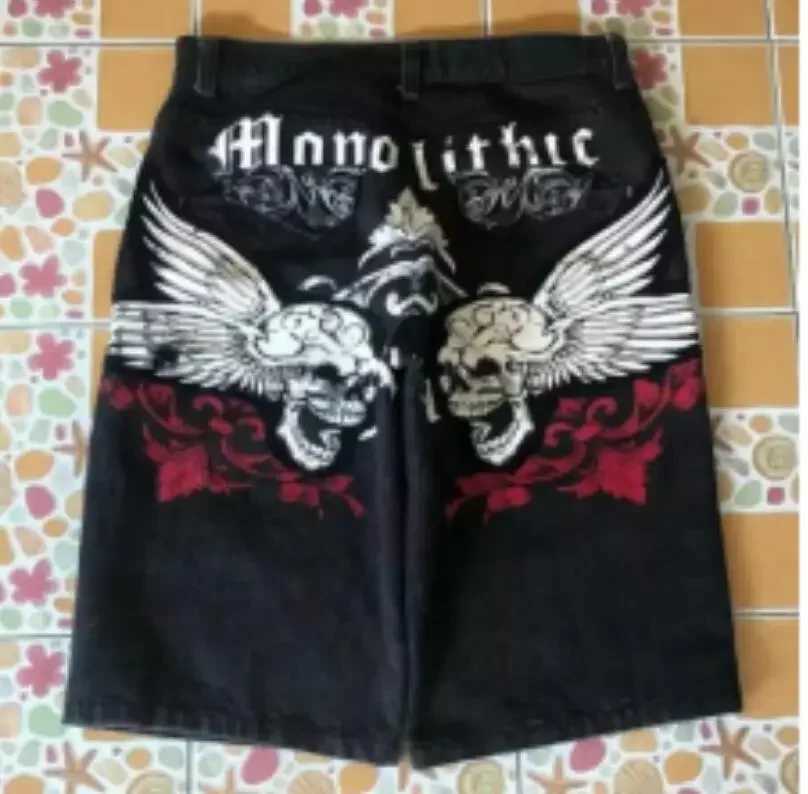 American retro summer denim shorts summer Y2K personalized letter printed shorts hip-hop goth high street loose casual shortsXJ241206