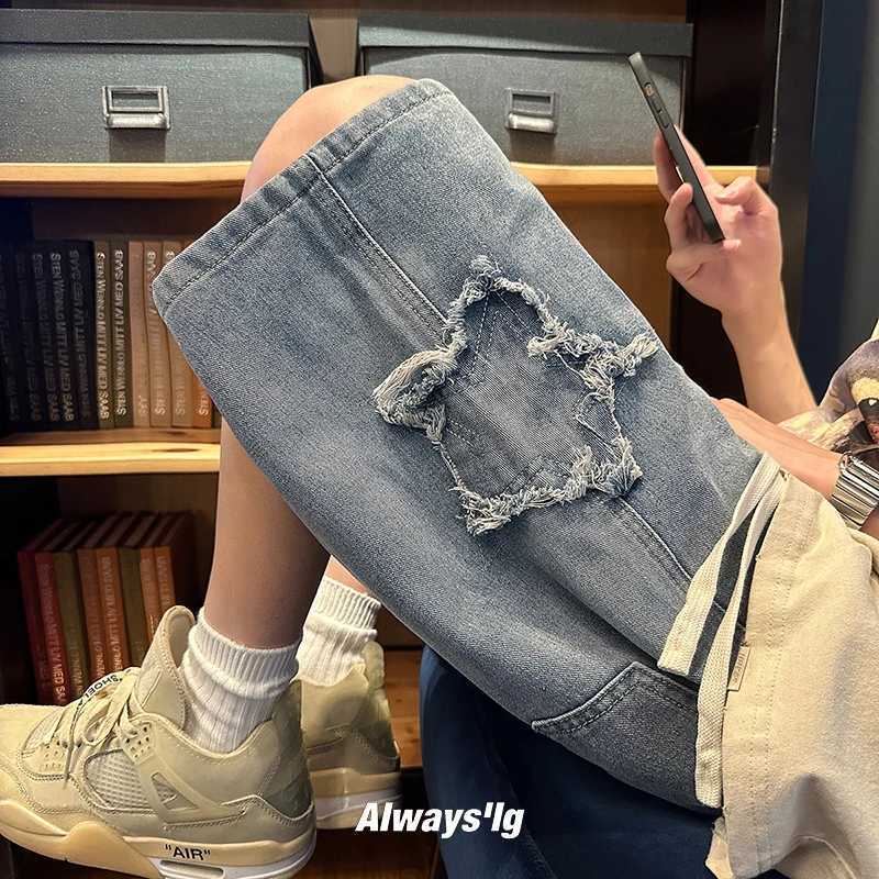 Patchwork Star Pattern Denim Shorts Men Straight Loose Sports Casual Baggy Pants Male Short Jeans Mens Vintage Knee Length PantsXJ241206