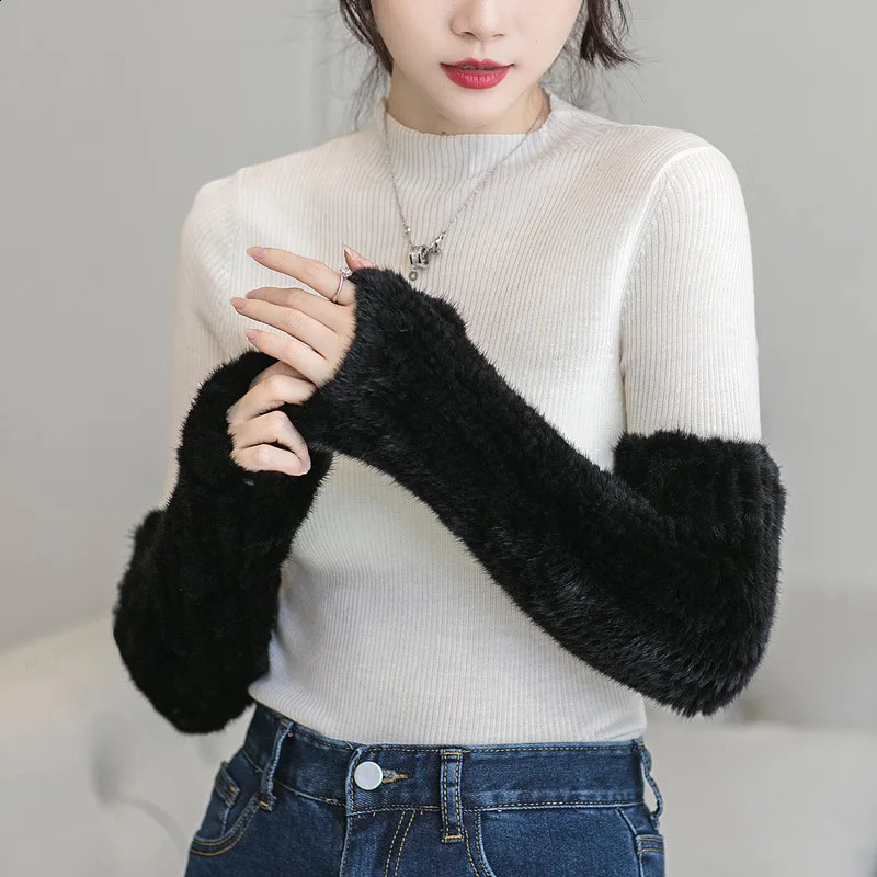 Womens genuine leather mink fur long Hepburn style gloves warm arms hand knitted high elasticity half finger sleeves autumn winter 241206