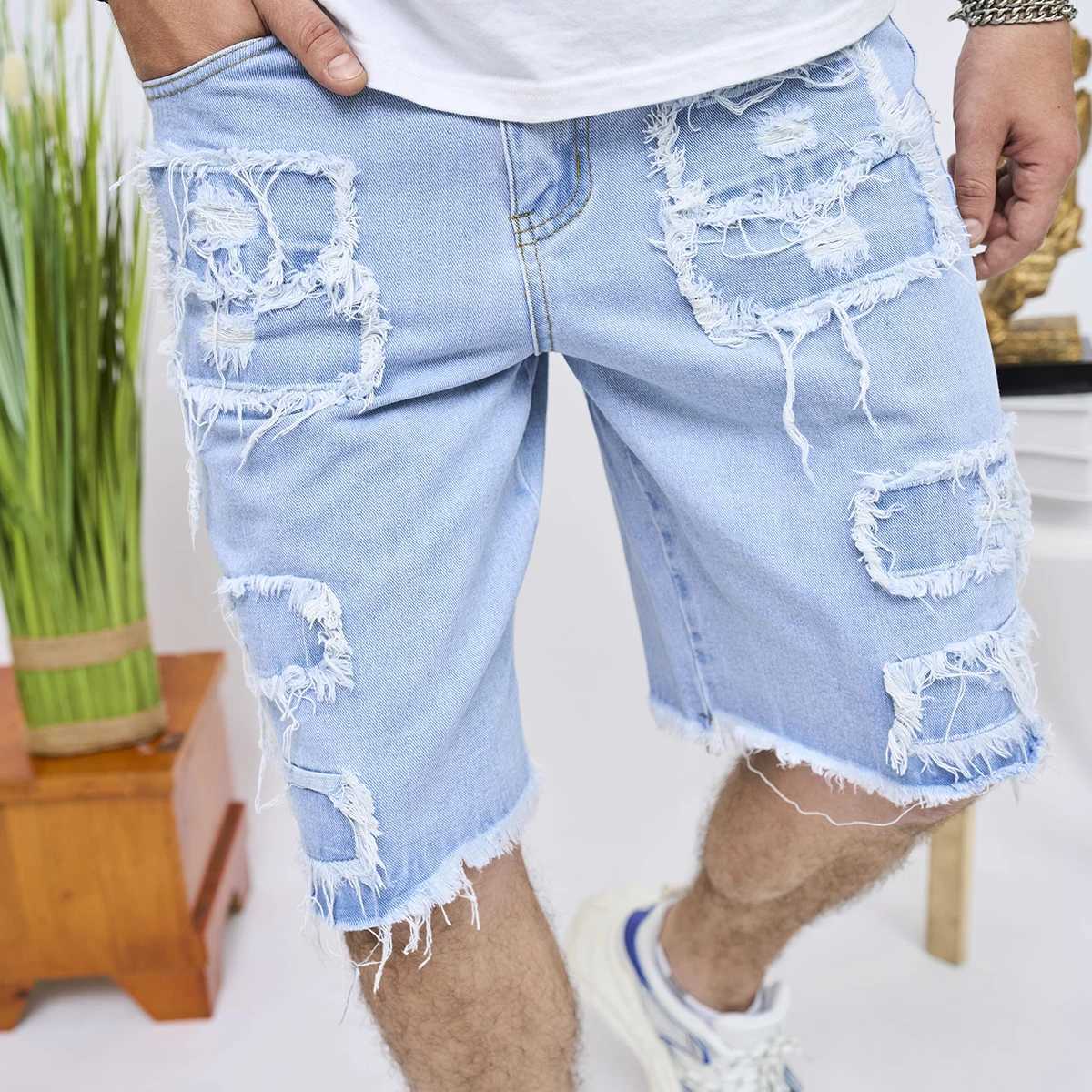 2024 Summer Mens High Street Ripped Patch Denim Shorts Stylish Solid Casual Male Straight Jeans ShortsXJ241206