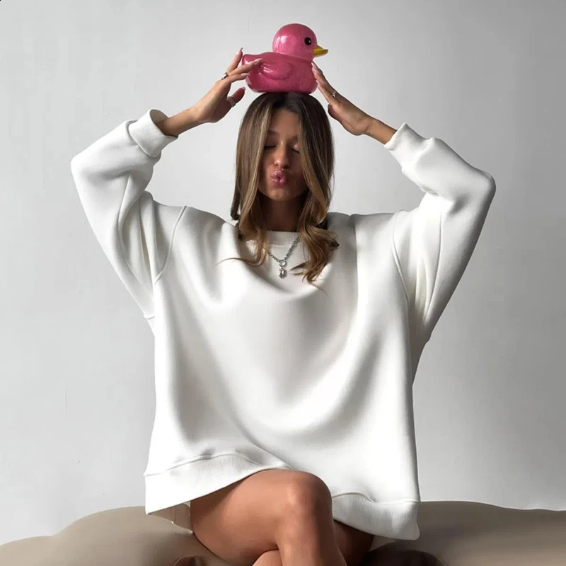 Solid Color Round Neck Hoodie Womens Fleece and Plush Casual 241203
