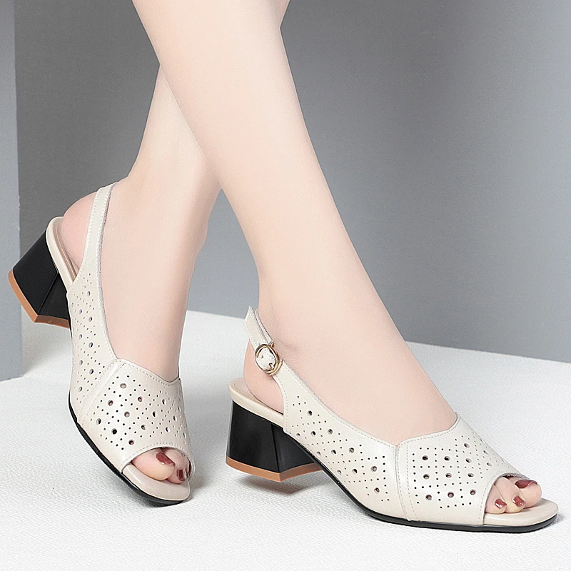 AIYUQI Sandals Women Summer Fishmouth Genuine Leather Women Sandals Block Heel Large Size Middle-aged Mom's Sandals