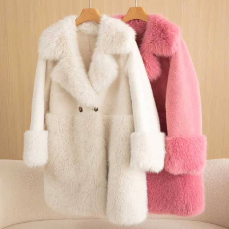 Winter Warm Womens Coat Refined Imitation Gold Mink Velvet Long-Cut Coat Comfortable Big Fur Collar Windproof Womens ClothingXJ241206