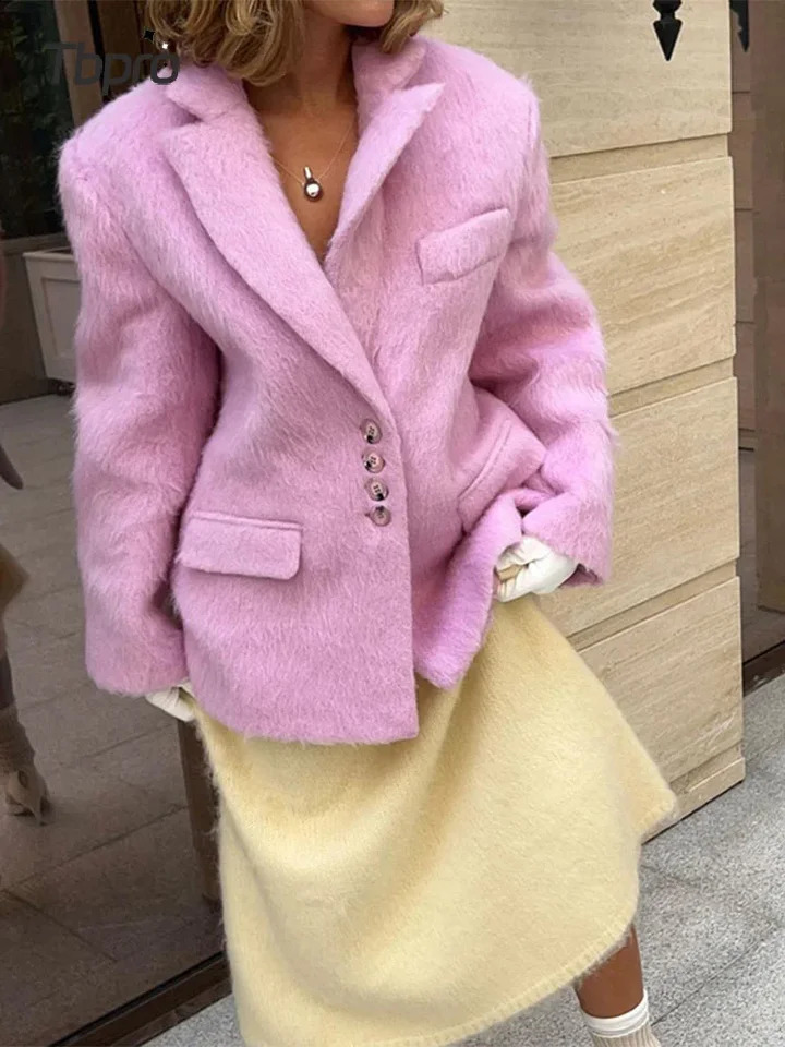 Fashion Pink Lapel Long Sleeve Blazer Jacket Warm Thick Single Breasted Loose Outwear Office Lady Commute Streetwear 241205