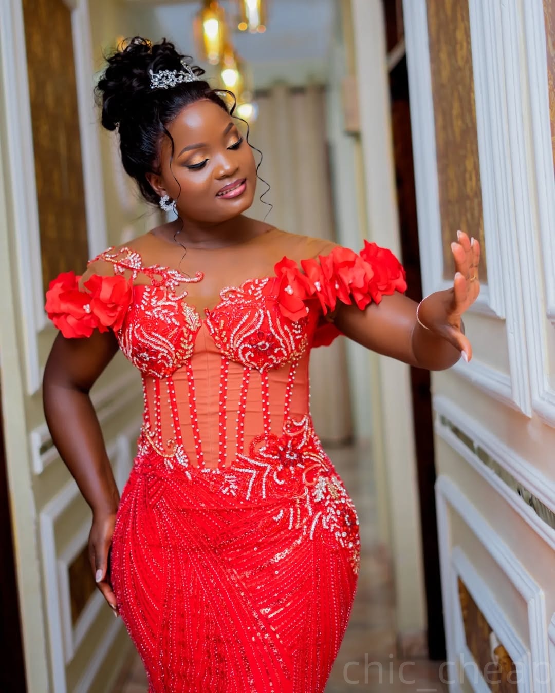 Red Mermaid Prom Dresses 2025 Flowers Beaded Sequined Lace Evening Formal Party Second Birthday Engagement Gowns Plus Size Dress For Special Occasions