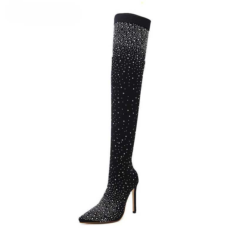 High Quality Sexy high H socks knee boots Pointed Toe Design crystal Rhine stretch fabric Pole Dancing Wen Shoes T241206