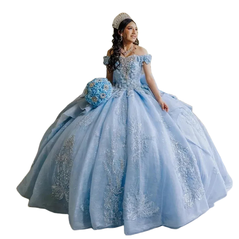 Light Sky Blue Princess Quinceanera Dresses 3D Floral Appliques Off Shoulder Beaded Special Occasion Gowns Ruffles Lace Appliques Sweet Sixteen Dress