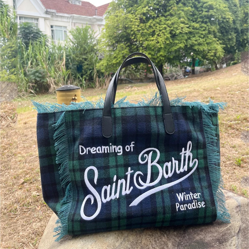 Casual Bag Women Tassel ner y Houndstooth Stripe Canvas Handbags High Quality Large Shopping Letter Beach 241204