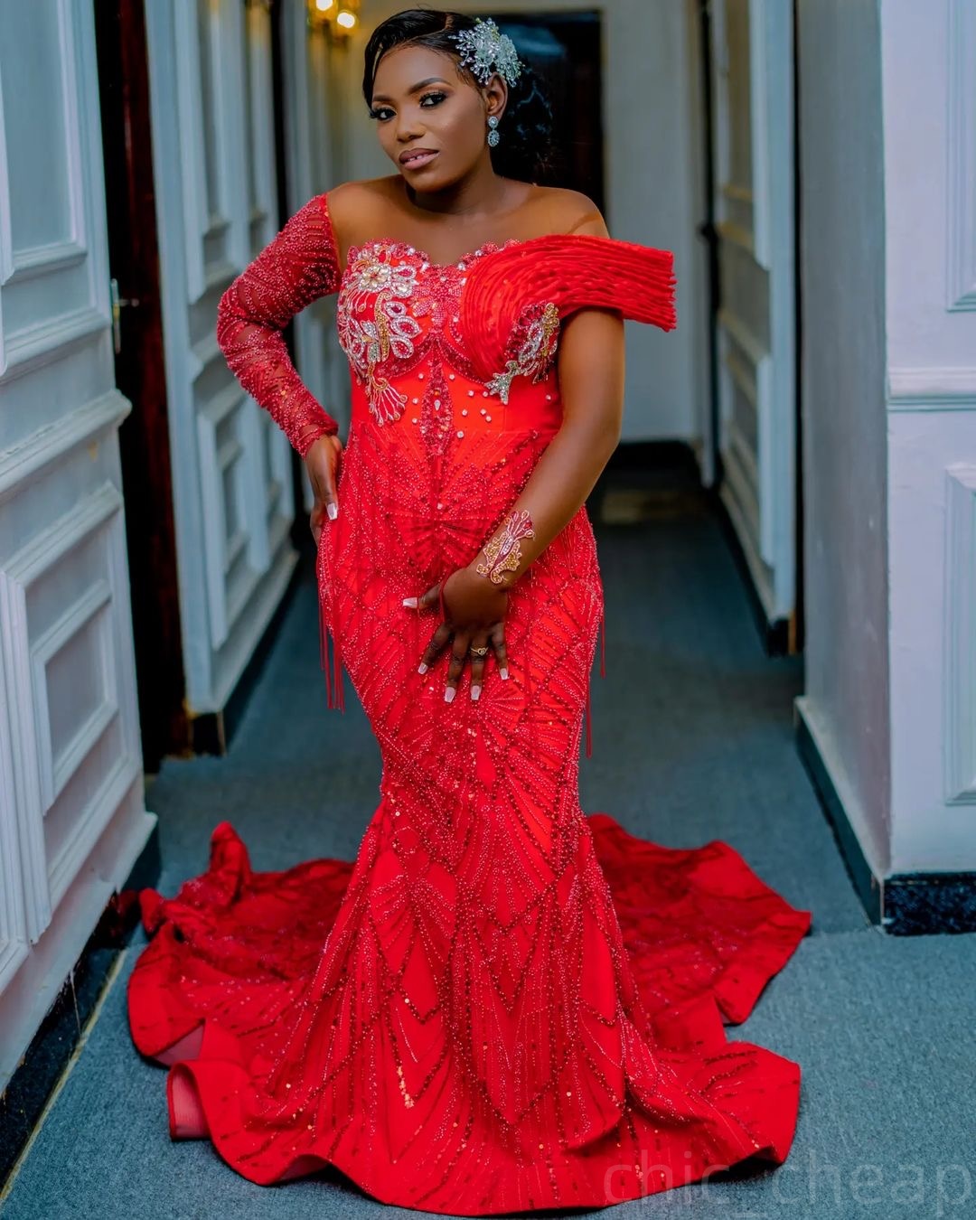 Red Mermaid Prom Dresses 2025 Lace Beaded Full Sleeves Sheer Neck Evening Formal Party Second Birthday Engagement Gowns Plus Size Dress For Special Oc
