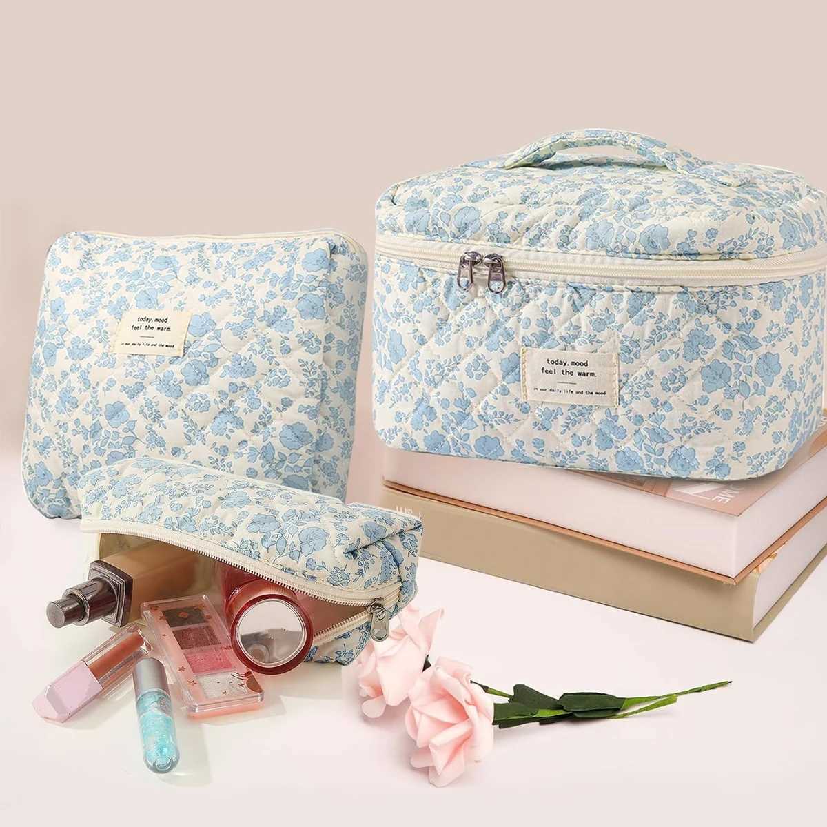 YANZAI 3 Pcs Cott Quilted Makeup Bag Set Floral Cott Cosmetic Bag Ahetic Womens Large Capacity Toiletry OrganizerXJ241206