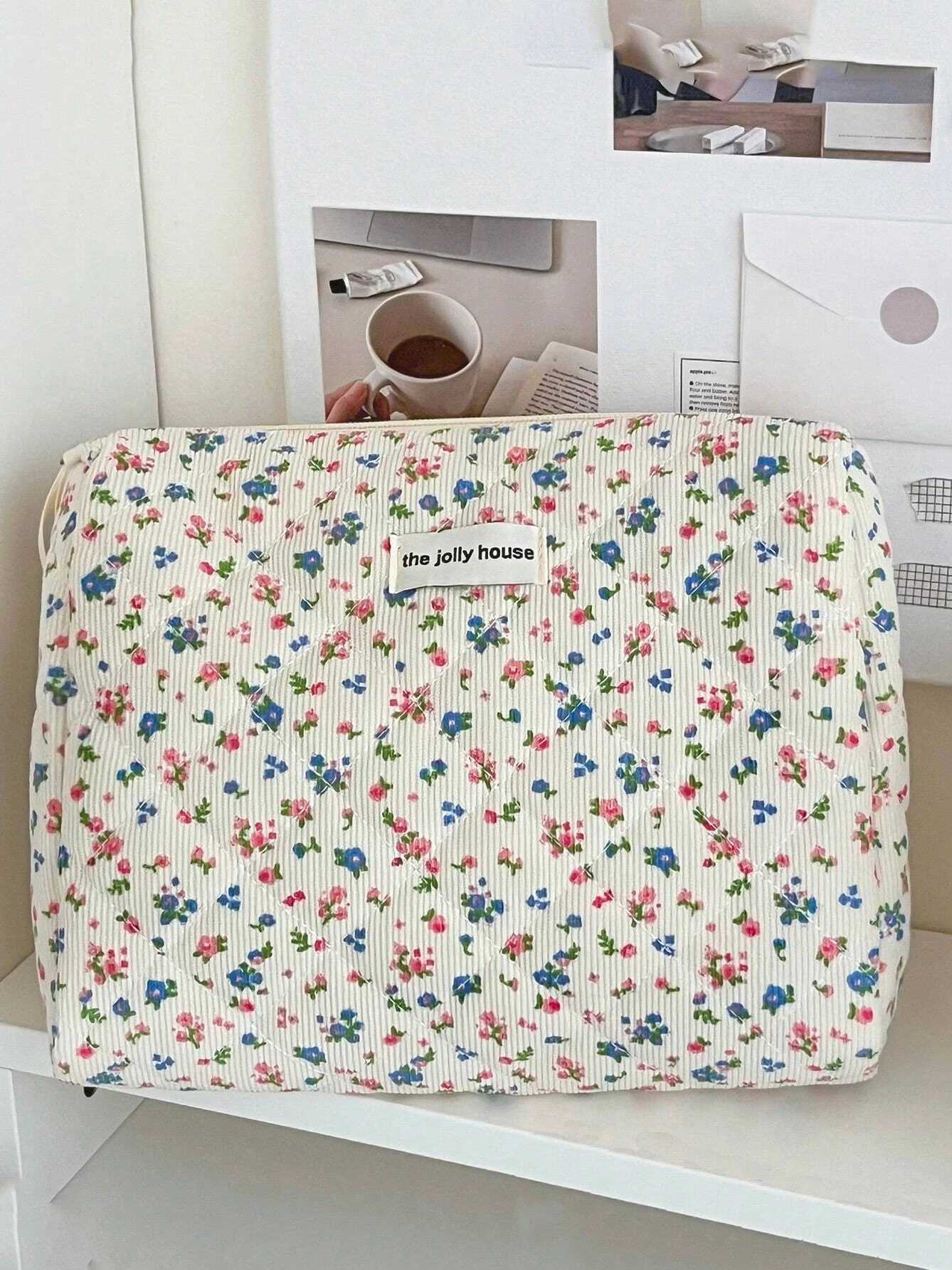 Lovely Floral Stihing Corduroy Cosmetic Bag For Storing Skin Care ltems Lipsticks Accessories Travel Necessity Birthday GiftXJ241206