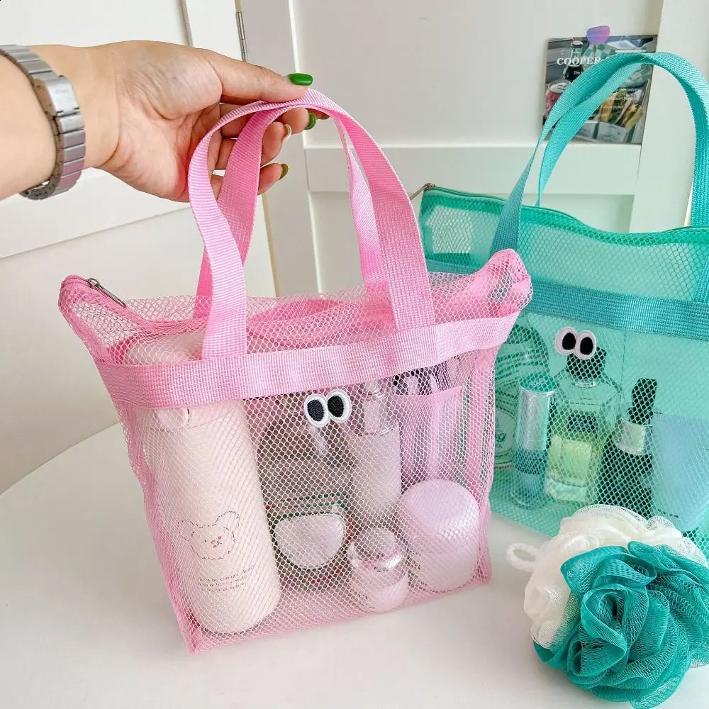 Beach Mesh Wash Bag Cosmetic Large Capacity Shopping Shoulder Portable Handbags Foldable Swimming Storage 241203