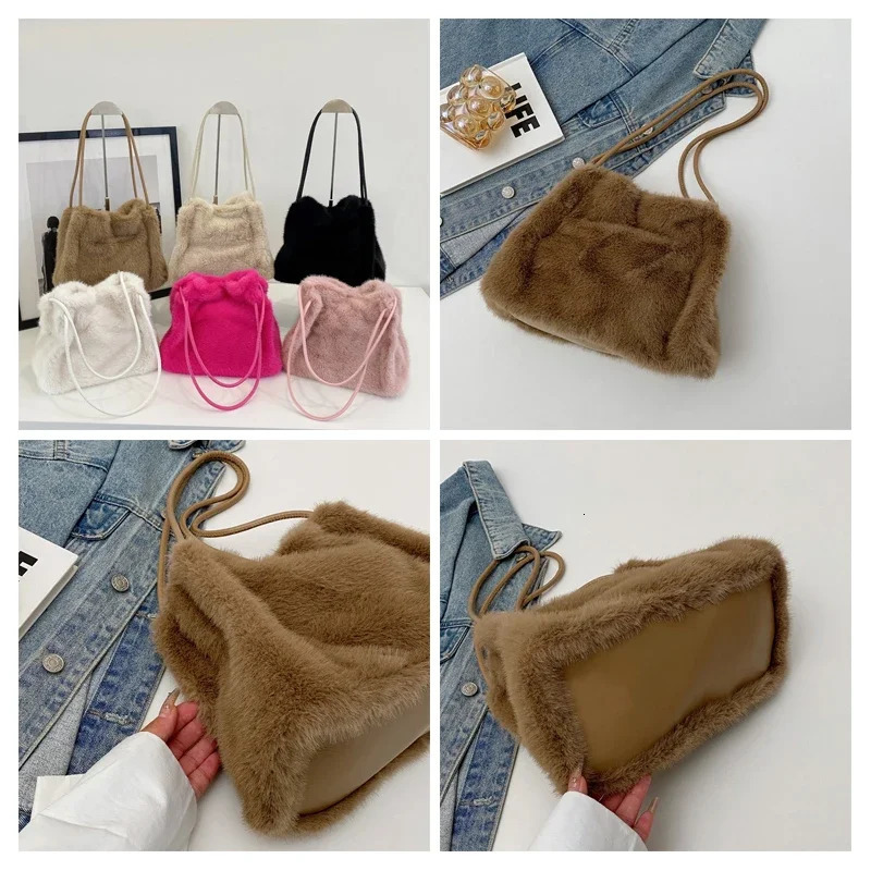 Fur Womens Bag Plush Messenger Bag Y2K Eco Bag Korean Tote Bag Soft Furry Shoulder Bag Fluffy Handbags Fashion School Bag 241206