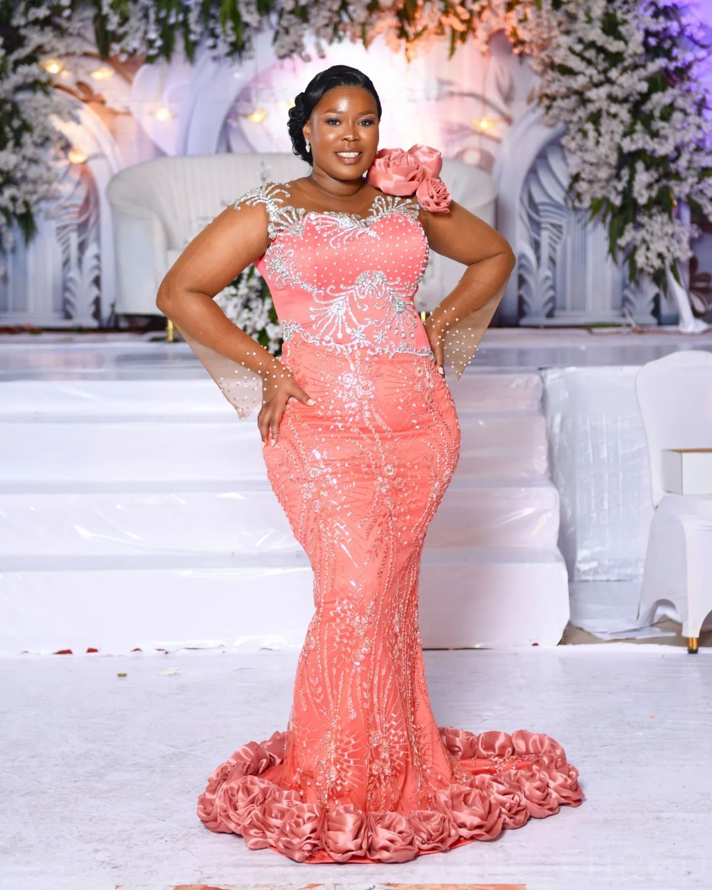 Water Melon Mermaid Prom Dresses 2025 Lace Beaded Flowers Evening Formal Party Second Birthday Engagement Gowns Plus Size Dress For Special Occasions