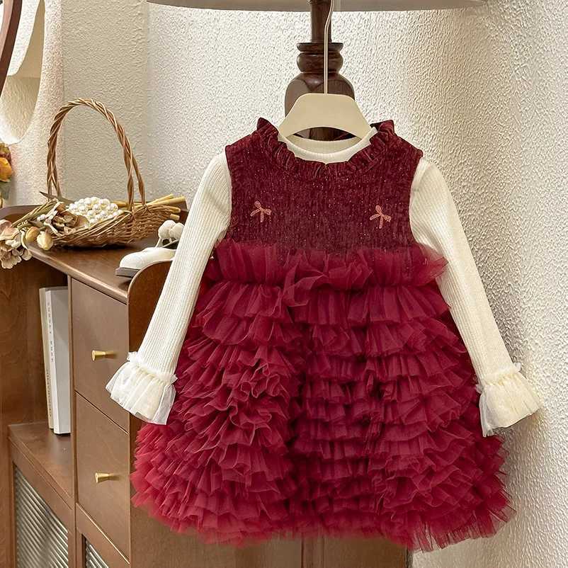 2024 Autumn Winter Kids Girls Princess Dress Set Solid Knitted Shirts Plus Velvet Mesh Tutu Dress Suit Children Girl OutfitXJ241206