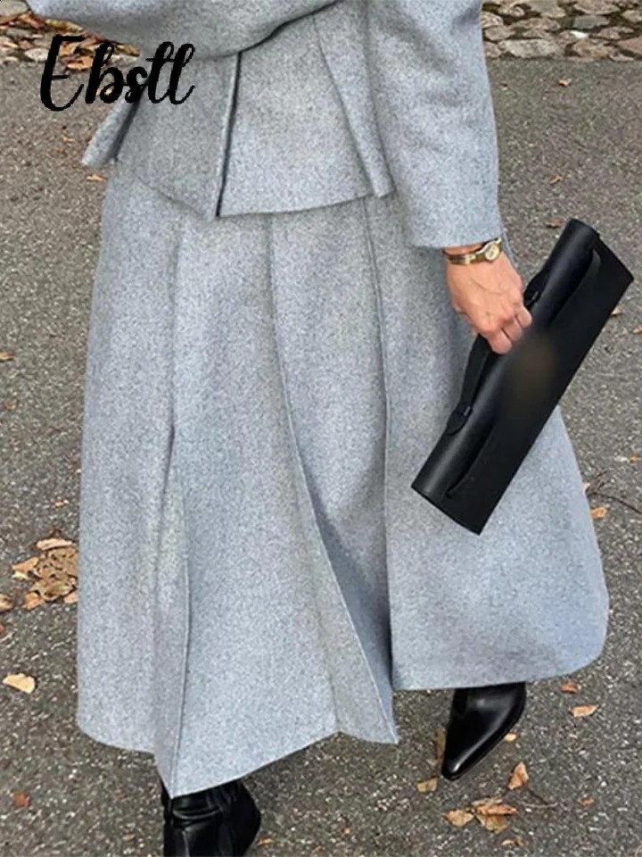 Elegant Woolen Coat Skirts Set Women Grey Lapel Hidden Buckle Blazers Pleated Skirt 2024 Autumn Winter Lady Office Outfits 241205
