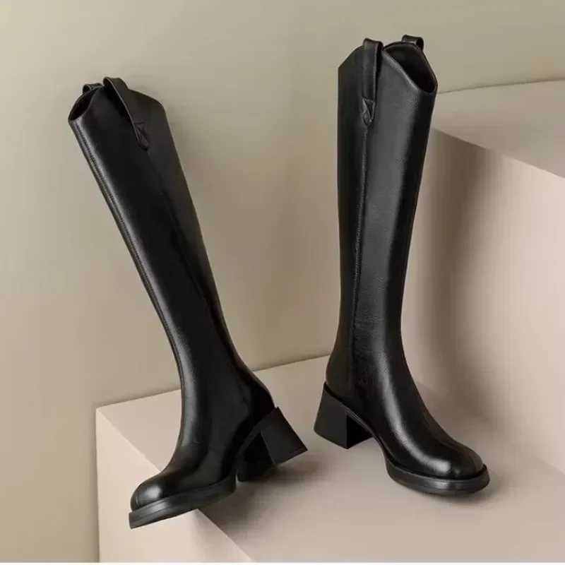 High Quality Brown knee long cycling boots for women round soft leather thick heels high heels T241206