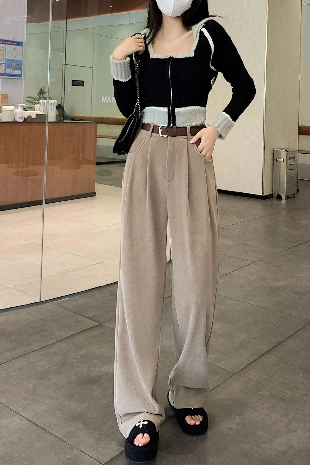 Womens Winter Womens Velvet Pants Wide Legs High Waist Floor Length Inner Wool Pants Womens Straight Pants 241202