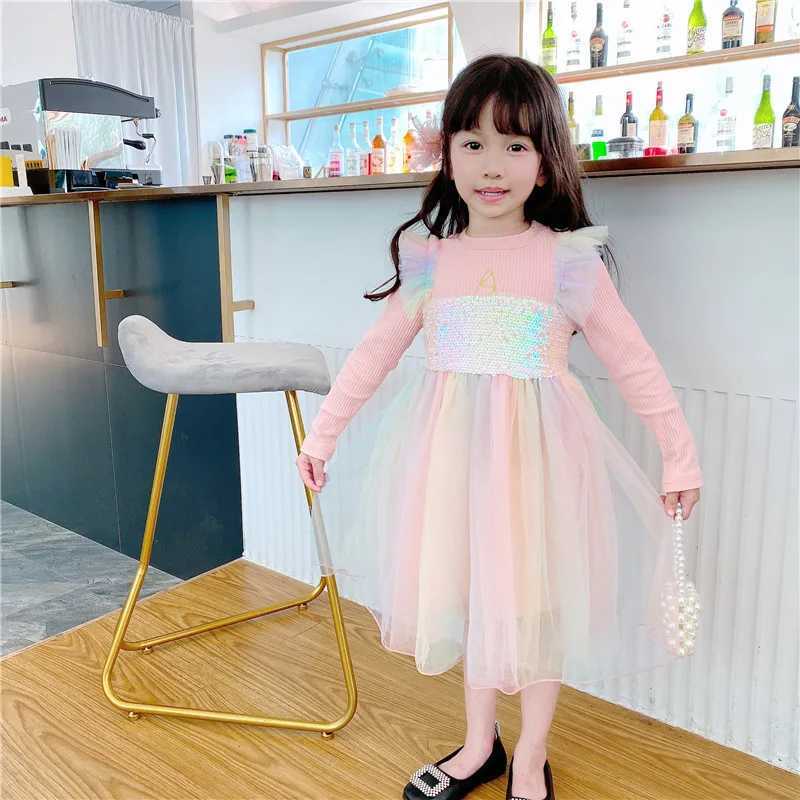 Ruffle Par Dress Girls Long Sleeve Cotton Ruffle Par Princess Dress Girl Sequin Rainbow Mesh DressXJ241206