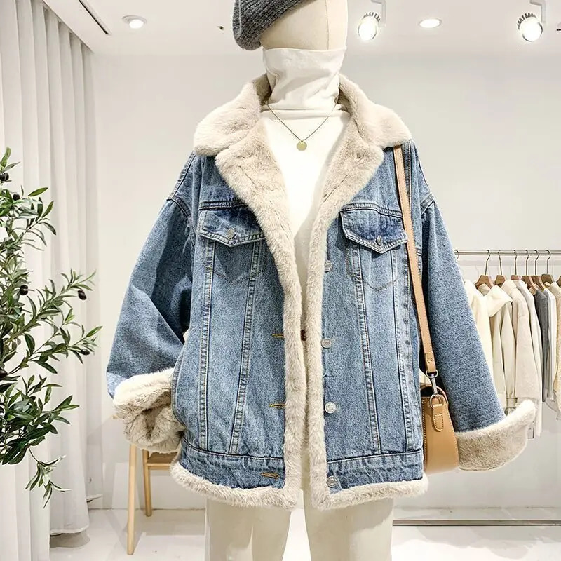 Autumn and winter pure cotton retro style doublesided wearable large fur collar womens denim jacket loose soft 241206