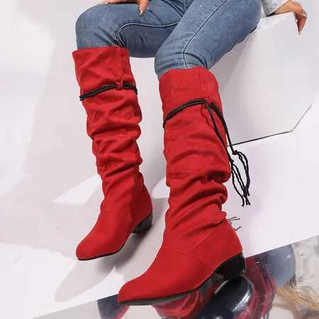 High Quality New Bun Knee Boots 3cm Square Heel Wrinkle Round Toe and Suede Black Almond Casual Large Size 44 45 46 47 T241206