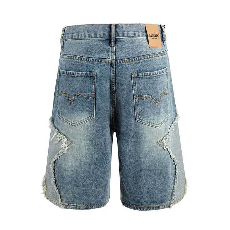 Hi Street Distressed Casual Denim Shorts Blue Streetwear Washed Jeans Shorts For Male PatchworkXJ241206