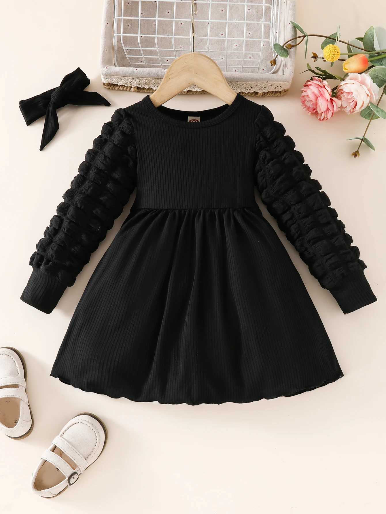 Girls Aged 3-7 Years Old in Spring and Autum Japanese and Korean Sle Casual Simple Puff Sleeve Fashionable Waist DressXJ241206