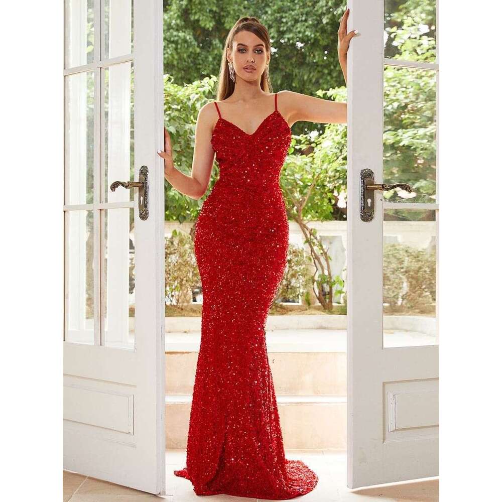 Spring/Summer Product Fashion V-neck Bag Hip Strap Glitter European and American Mid waist Long Style Large Pendant Evening Dress 2024 Versatile New T