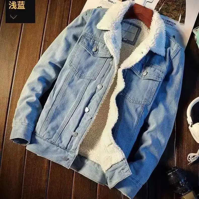 American Vintage Loose-fit Denim Jacket Lamb Wool Fleece Lining Casual Style For Men Trendy Autumn Winter Japanese WorkwearXJ241206