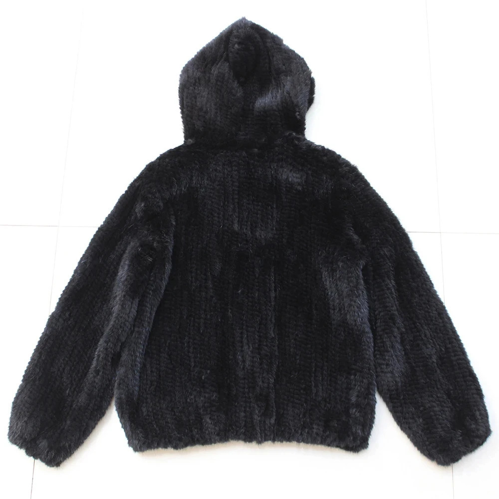 Fashion Knitted Mink Hoodie Winter Womens Warm Natural Fur Jacket Womens Casual Solid Long Sleeve Jacket 241202