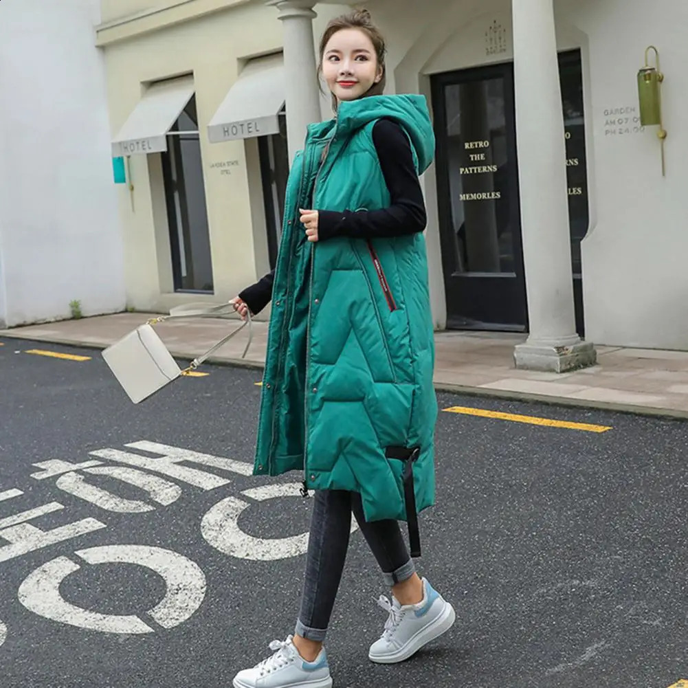 Winter Women Waistcoat Thickened Padded Hooded Sleeveless Long Vest Coat Solid Color Windproof Heat Retention Outdoor Down 241205