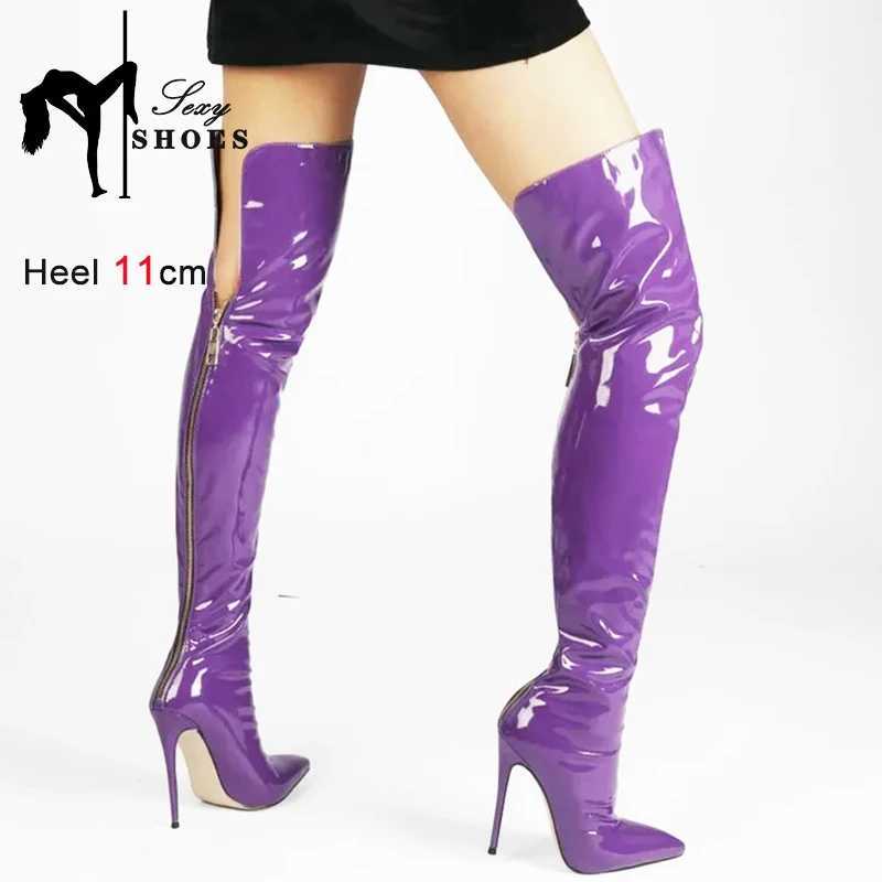 High Quality Womens shiny PU striped boots 11CM super knee boots spring/summer new item Pointed Toe back zipper womens Lg boots T241206