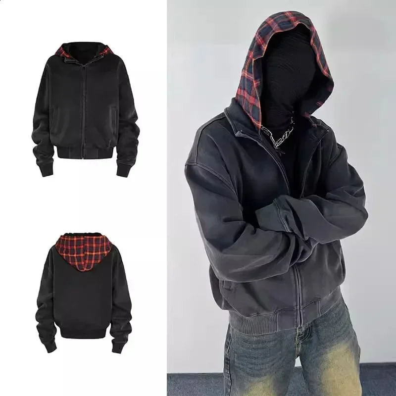 Autumn Plaid Zipper Hoodie Mens Sweatshirt Y2K Retro Street Clothing Patch Work Jacket Womens Harajuku Fashion Hoodie Coat 241205