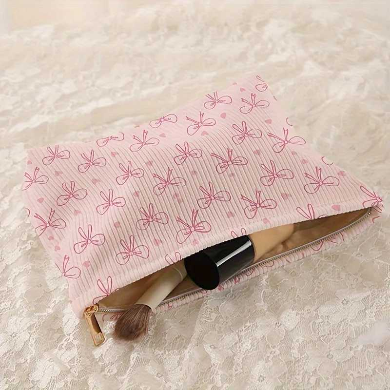 Minimally designed pink bow pattern printed corduroy zipper makeup bag lightweight and multifunctial cosmetic storage bagXJ241206