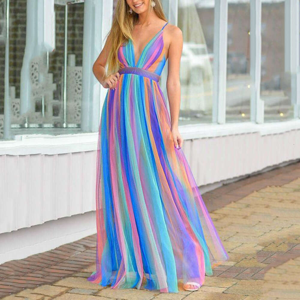 Spring/Summer European Beauty Sexy Deep V Rainbow Chiffon Strap Dress 2024 New Style Unique Elegant Clothing