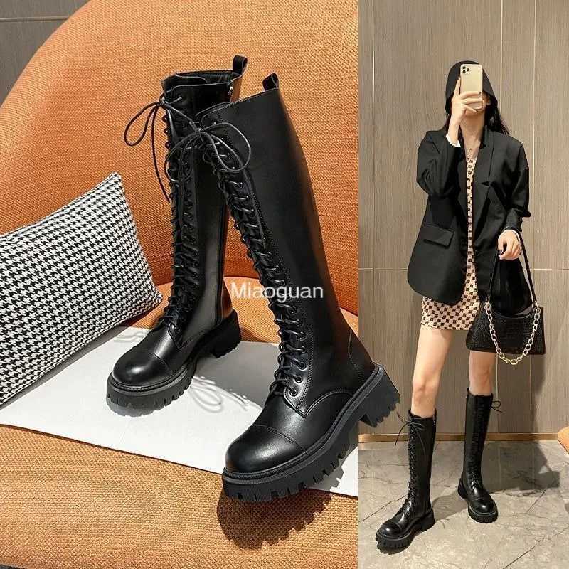 High Quality Fi Elegant Platform High Heels Lg Knight Cycling Boots Black Casual Shoes Winter Lace Upper Designer British Style T241206