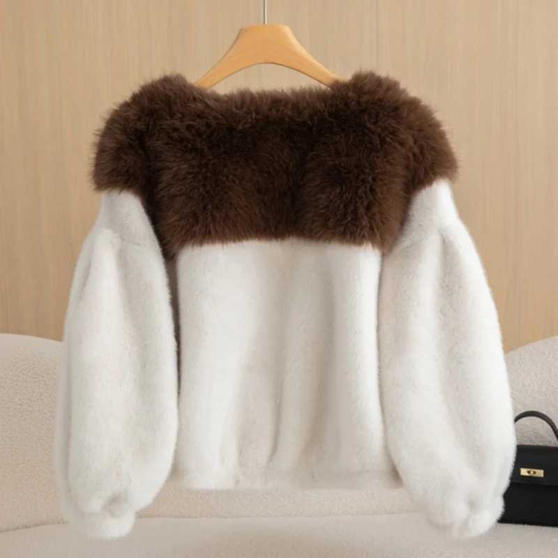 2024 Winter Luxury Gold Mink Velvet Fine Imitation Womens Short Coat Big Fur Collar Stylish and Lightweight Warm Coat TopXJ241206